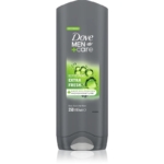 Un flacon gris de 250 ml de Dove Men Care Extra Fresh Gel Douche Corps et Visage présente des accents verts et une étiquette « Extra Fresh » sur le devant. Dakar