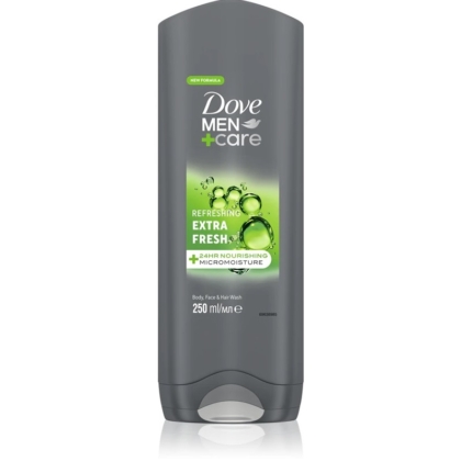 Un flacon gris de 250 ml de Dove Men Care Extra Fresh Gel Douche Corps et Visage présente des accents verts et une étiquette « Extra Fresh » sur le devant. Dakar