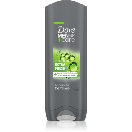 Un flacon gris de 250 ml de Dove Men Care Extra Fresh Gel Douche Corps et Visage présente des accents verts et une étiquette « Extra Fresh » sur le devant. Dakar