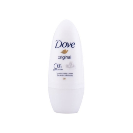 Le déodorant roll-on Dove Original 50 ml présente un design blanc immaculé avec un texte mettant en évidence « 0 % de sels d'aluminium », « ¼ de crème hydratante » et « déodorant 0 % d'alcool », similaire au soin doux de Nivea Anti Transpirant. Dakar