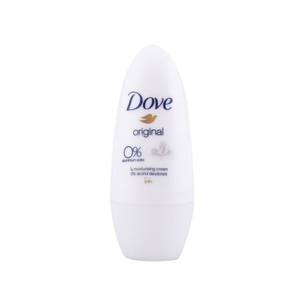 Le déodorant roll-on Dove Original 50 ml présente un design blanc immaculé avec un texte mettant en évidence « 0 % de sels d'aluminium », « ¼ de crème hydratante » et « déodorant 0 % d'alcool », similaire au soin doux de Nivea Anti Transpirant. Dakar