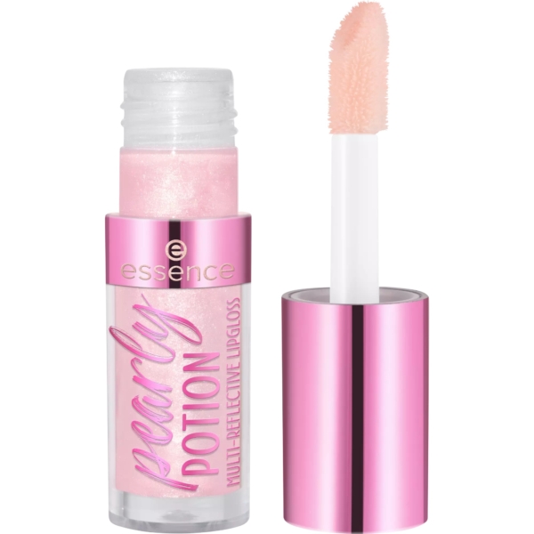 Un flacon de gloss rose avec une base transparente et un bouchon rose métallisé étiqueté « Essence Pearly POTION Multi-Protective Lipgloss ». L'applicateur est déployé, laissant apparaître un embout éponge doux teinté de rose. Dakar