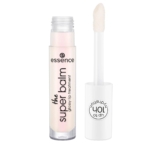 Un tube de 5 ml d'Essence Le SUPER BALM Glossy Baume à Lèvres Hydratant Rose Clair est doté d'une baguette applicatrice et d'un emballage blanc minimaliste avec un texte noir, similaire à la collection Juicy Bomb. Dakar