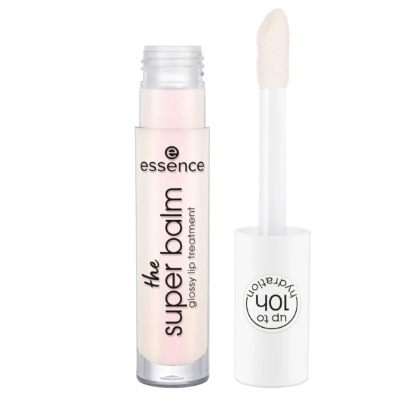 Un tube de 5 ml d'Essence Le SUPER BALM Glossy Baume à Lèvres Hydratant Rose Clair est doté d'une baguette applicatrice et d'un emballage blanc minimaliste avec un texte noir, similaire à la collection Juicy Bomb. Dakar