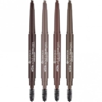 Quatre stylos Essence WOW What A Brow, de différentes teintes, sont alignés verticalement. Chacun possède une pointe rétractable à une extrémité et un pinceau spoolie à l'autre. Les couleurs vont du brun clair au brun foncé. Dakar