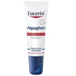 Le tube Eucerin Aquaphor Réparateur Lèvres SOS 10 ml, similaire au Labello Soin des Lèvres Spf15, a un corps blanc, un capuchon bleu et affiche un texte français et anglais pour les lèvres sèches sous le logo Eucerin bien visible. Dakar