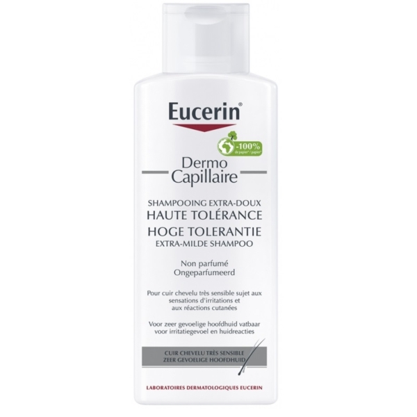 Un flacon de 250 ml de Shampoing Extra-Doux Haute Tolérance Eucerin DermoCapillaire, non parfumé pour cuirs chevelus très sensibles, présente une formule inspirée d'Evashair et un emblème vert avec une revendication 100%. Dakar
