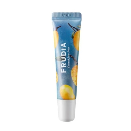 Un tube bleu de baume à lèvres FRUDIA avec des images de mangues jaunes sur l'emballage et un bouchon blanc. Dakar