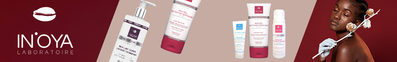 Bannière présentant les produits de soin IN'OYA Laboratoire et une femme sereine à la peau éclatante tenant une branche de coton, sur fond rouge et beige. Le logo IN'OYA et des lèvres stylisées sont également visibles. Dakar