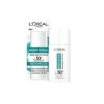 Flacon et boîte blancs du Fluide UV Anti-Taches Bright Reveal SPF 50+ de L'Oréal Paris. L'emballage met en avant la niacinamide et le LHA, pour une utilisation quotidienne et un fini invisible. Dakar