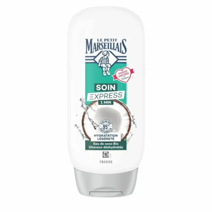 Un flacon du soin capillaire Le Petit Marseillais Soin Express. L'étiquette arbore une image de noix de coco, indiquant un temps de soin de 1 min. Ce soin est reconnu pour son hydratation et sa légèreté, grâce à 95 % d'ingrédients d'origine naturelle et à l'eau de coco biologique. Dakar
