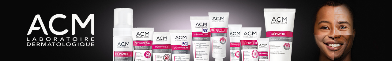 Une gamme de produits de soin ACM Laboratoire Dermatologique est présentée sur fond noir, avec un visage de femme souriant à droite et le logo ACM à gauche. Dakar