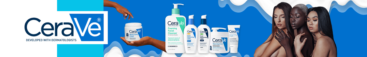 Bannière présentant le logo CeraVe, une main tenant un produit CeraVe, plusieurs produits de soin CeraVe et trois femmes à la peau lisse sur un fond bleu et blanc. Dakar