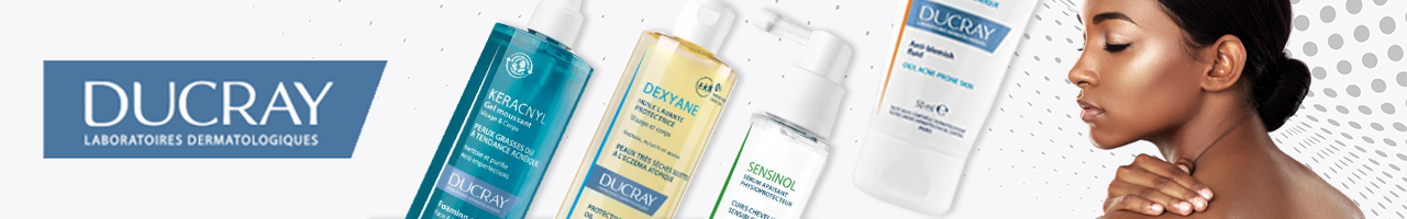 Bannière montrant le logo des Laboratoires Dermatologiques DUCRAY, plusieurs produits de soins de la peau et des cheveux DUCRAY et une femme à la peau lisse et éclatante touchant son épaule sur un fond blanc avec des éléments de design en pointillés. Dakar