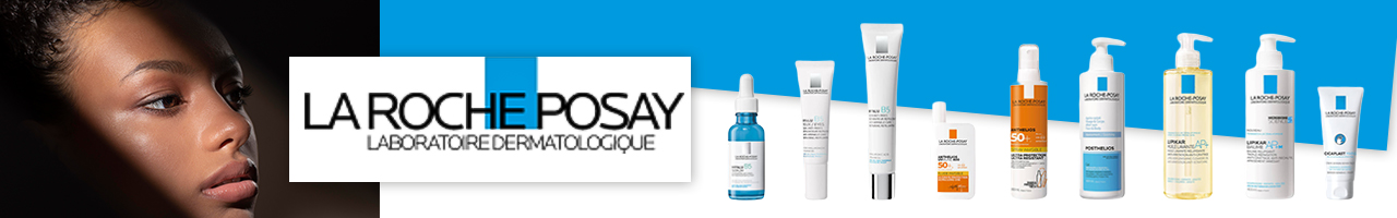 À gauche, on voit un gros plan du visage d'une femme dans une lumière douce, tandis qu'à droite se trouvent divers produits de soin La Roche-Posay et le logo de la marque sur un fond bleu et blanc. Dakar