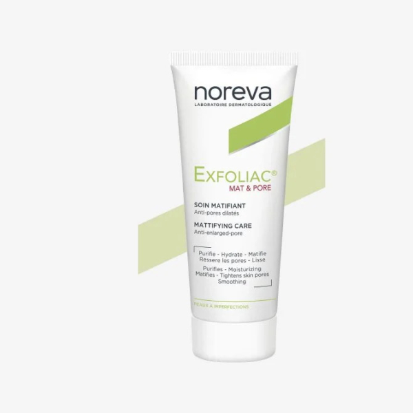Image d'un tube blanc de Noreva Exfoliac Mat & Pore Soin Matifiant. Le design présente des touches de vert et un texte détaillant ses bienfaits, comme la réduction des pores et l'hydratation. Ce produit est destiné aux soins de la peau. Dakar