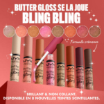 Huit tubes de Nyx Butter Gloss Repulpant Lèvres BLING 8 ml, en position verticale avec applicateurs ouverts et essais de couleur au-dessus. Le texte en français décrit leur brillance crémeuse, non-collante et leurs huit nouvelles teintes scintillantes. Dakar