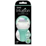 L'emballage du pack de 2 rasoirs Wilkinson Intuition 2 en 1 Sensitive Care pour femme présente une poignée bleu clair élégante sur un fond blanc, mettant en valeur « Pas besoin de gel à raser » et « Aloe biologique », mettant en valeur l'innovation de confiance de Wilkinson en matière de soins. Dakar