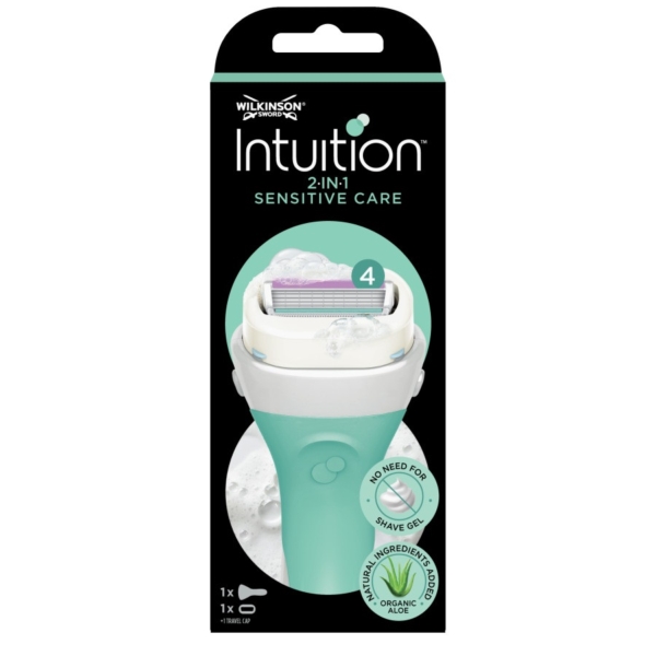 L'emballage du pack de 2 rasoirs Wilkinson Intuition 2 en 1 Sensitive Care pour femme présente une poignée bleu clair élégante sur un fond blanc, mettant en valeur « Pas besoin de gel à raser » et « Aloe biologique », mettant en valeur l'innovation de confiance de Wilkinson en matière de soins. Dakar