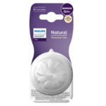 Emballage de la tétine Philips Avent Natural Response, adaptée aux enfants de 6 mois et plus. Le paquet contient deux tétines à débit 5, présentées dans un boîtier en plastique violet et blanc. Dakar
