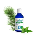 Un flacon bleu étiqueté « Puressentiel Resp OK Inhalation Humide », entouré de branches de sapin vertes et de feuilles de menthe. L'étiquette représente une goutte d'eau. Dakar