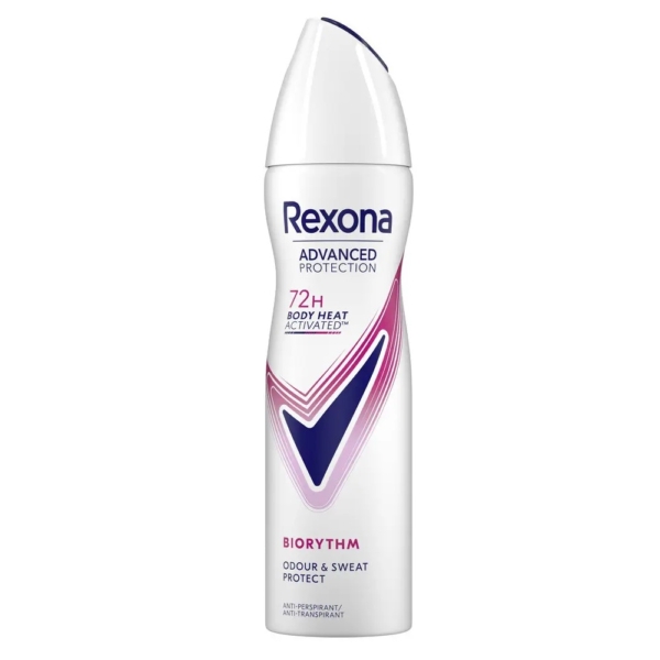 Une bombe blanche de Déodorant Spray Rexona Women Protection Avancée 72H Biorythme 150 ml, avec des graphismes roses et violets et « Advanced Protection 72H Body Heat Activated » plus « Biorythm Odour & Sweat Protect » en bas. Dakar