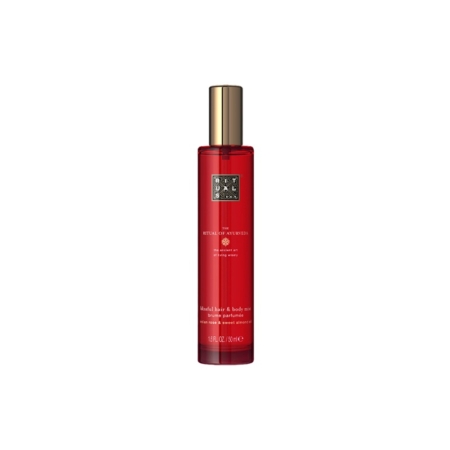Un flacon rouge de 50 ml de Brume Corps et Cheveux The Ritual of Ayurveda au bouchon doré se présente sur un fond blanc uni, évoquant l'élégance de la Brume parfumée hydratante Coco de BERDOUES. Dakar