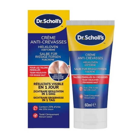 Scholl Crème Pieds Onguent Réparateur Actif Talons Crevassés à l'Urée et Kératine 60 ml présenté dans un tube et une boîte, donne des résultats visibles en 1 jour pour les talons crevassés avec 25% d'urée. Informations disponibles en français, allemand et néerlandais. Dakar