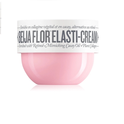 La crème Sol de Janeiro Beija Flor Elasti-Cream 75 ml est présentée dans un pot rose au couvercle blanc, mettant en valeur le collagène et l'huile de cacay imitant le rétinol. Son emballage minimaliste arbore une typographie grise audacieuse pour un design épuré. Dakar