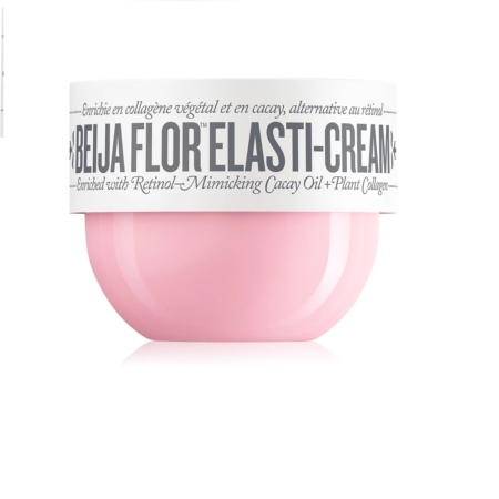 La crème Sol de Janeiro Beija Flor Elasti-Cream 75 ml est présentée dans un pot rose au couvercle blanc, mettant en valeur le collagène et l'huile de cacay imitant le rétinol. Son emballage minimaliste arbore une typographie grise audacieuse pour un design épuré. Dakar
