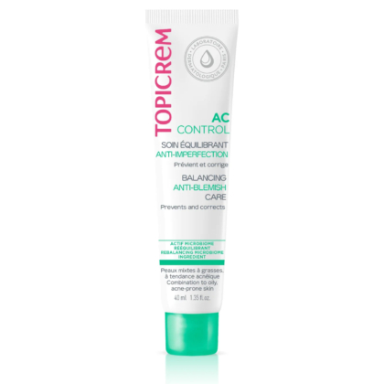 Un tube de Topicrem AC Control Soin Équilibrant Anti-Imperfections. L'emballage est blanc avec des inscriptions roses et vertes, ainsi que des informations en français et en anglais. Ce produit est conçu pour prévenir et corriger les imperfections. Dakar