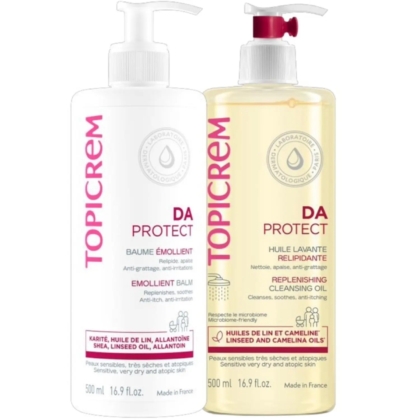Le coffret Topicrem Coffret Relipidant comprend un baume émollient de 500 ml et une huile relipidante de 500 ml, tous deux issus de la gamme DA Protect pour peaux atopiques. Dakar