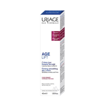 Coffret de crème de jour lissante fermeté Age Lift d'Uriage, à base de rétinol, d'acide hyaluronique et de beurre de karité. Des informations en français et en anglais décrivent ses bienfaits anti-âge et raffermissants. 40 ml. Dakar