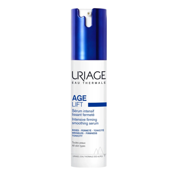 Flacon blanc et bleu du Sérum Lissant Fermeté Intense Age Lift d'Uriage, avec texte détaillant ses effets anti-rides et anti-fertilité. Conçu pour tous les types de peau. Dakar