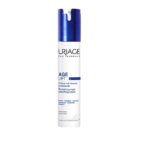 Un grand flacon cylindrique de la Crème Nuit Lissante Revitalisante Age Lift d'Uriage. Le flacon est blanc avec un bouchon pompe bleu et présente les informations produit en bleu et gris. Dakar
