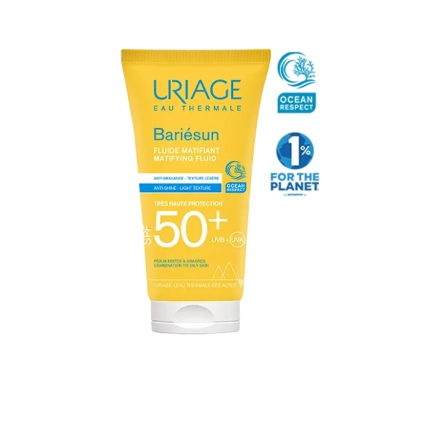 Un tube de crème solaire Uriage Bariésun Fluide Matifiant SPF 50+, conçu pour une texture légère et anti-brillance. L'emballage arbore les logos « Ocean Respect » et « 1 % for the Planet », avec un texte en français. Le tube est principalement jaune avec des touches de bleu. Dakar