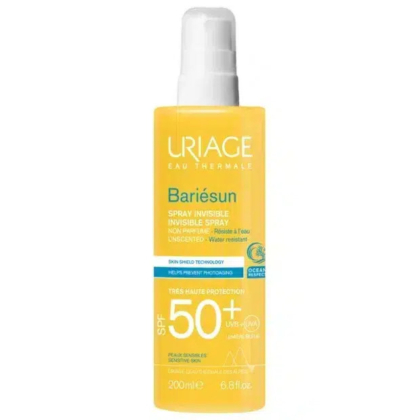 Flacon jaune de crème solaire invisible en spray Uriage Bariésun, SPF 50+. L'étiquette indique qu'elle est sans parfum, résistante à l'eau et offre une protection UVA et UVB. Le flacon contient 200 ml. Dakar