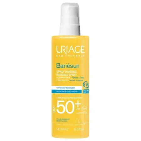 Flacon jaune de crème solaire invisible en spray Uriage Bariésun, SPF 50+. L'étiquette indique qu'elle est sans parfum, résistante à l'eau et offre une protection UVA et UVB. Le flacon contient 200 ml. Dakar