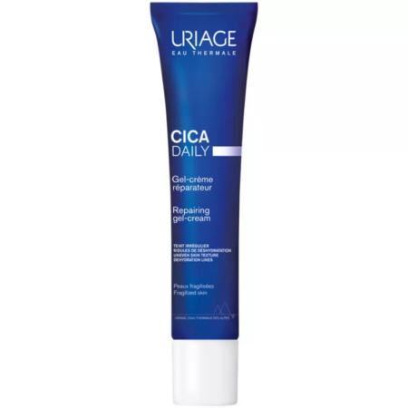 Un tube de Gel-Crème Réparateur Quotidien Uriage Eau Thermale Cica. L'emballage est bleu foncé avec un texte blanc, présentant les informations produit en français et en anglais. Le tube est muni d'un bouchon blanc à la base. Dakar