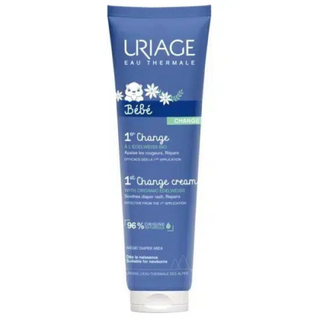Tube bleu de crème 1er change Uriage Eau Thermale Bébé, avec texte expliquant son efficacité pour apaiser l'érythème fessier. Contient de l'edelweiss bio et est indiqué comme composé à 96 % d'ingrédients d'origine. Convient dès la naissance. Dakar
