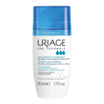 Flacon de 50 ml de Déodorant Uriage Eau Thermale Power 3, avec bouchon bleu. L'étiquette met en avant ses propriétés anti-odeurs et anti-transpirantes, ainsi que son efficacité 24 heures. Convient aux peaux sensibles et testé sous contrôle dermatologique. Dakar