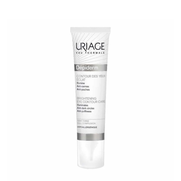 Un tube blanc et argent d'Uriage Dépiderm Soin Contour des Yeux Éclat. Son emballage, en français et en anglais, souligne son efficacité pour illuminer et atténuer les cernes et les poches. Dakar