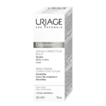 Boîte rectangulaire blanche du Sérum Correcteur Éclat Dépiderm d'Uriage. Le texte souligne ses fonctions : illumine, unifie le teint et lisse. Contenance : 30 ml. Formule hypoallergénique. Dakar
