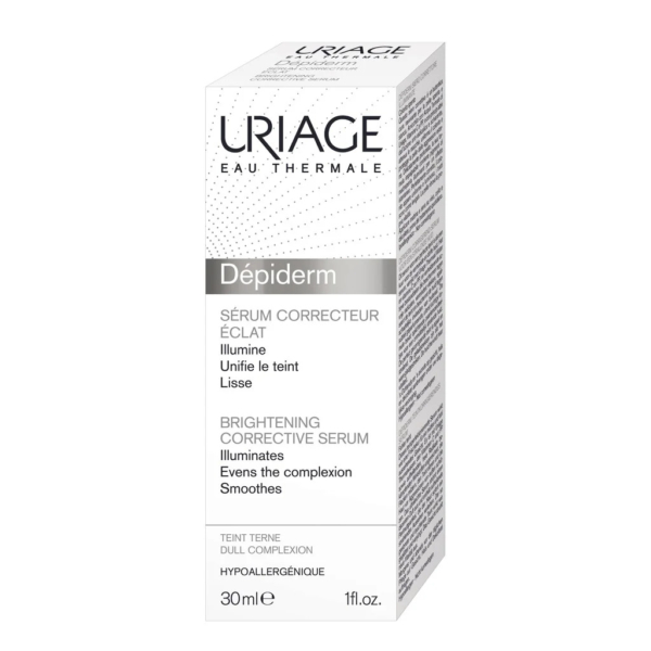 Boîte rectangulaire blanche du Sérum Correcteur Éclat Dépiderm d'Uriage. Le texte souligne ses fonctions : illumine, unifie le teint et lisse. Contenance : 30 ml. Formule hypoallergénique. Dakar