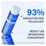 Image d'un flacon de produit capillaire Uriage DS avec les mentions « Diminution de 93 % des pellicules » et « Réduction des sensations d'inconfort ». Le flacon bleu se reflète partiellement sur une surface brillante. Dakar
