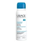 Image d'un flacon de Déodorant Fraîcheur Uriage avec un bouchon bleu. L'étiquette mentionne des propriétés anti-odeurs et anti-humidité, avec une efficacité 24 heures. Le flacon fait 125 ml. Dakar