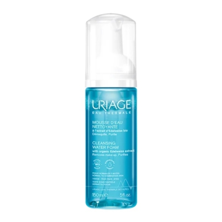 Un flacon d'Eau Thermale Mousse Nettoyante Uriage à l'extrait d'Edelweiss bio. Le flacon bleu transparent avec pompe blanche contient 150 ml de produit. Dakar
