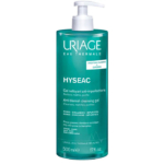 Un flacon pompe de 500 ml de gel nettoyant anti-imperfections Uriage Eau Thermale Hyseac. L'étiquette met en avant ses propriétés purifiantes, matifiantes et anti-imperfections. Conçu pour les peaux grasses, il est non comédogène. Dakar