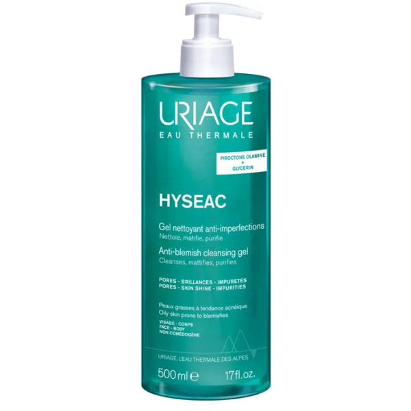 Un flacon pompe de 500 ml de gel nettoyant anti-imperfections Uriage Eau Thermale Hyseac. L'étiquette met en avant ses propriétés purifiantes, matifiantes et anti-imperfections. Conçu pour les peaux grasses, il est non comédogène. Dakar