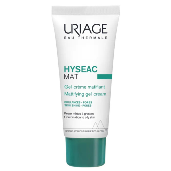 Tube blanc de Gel-Crème Matifiant Uriage Eau Thermale Hyseac Mat. Conçu pour les peaux mixtes à grasses, ce produit réduit la brillance et les pores. Il est orné de touches de vert et d'un texte détaillant ses bienfaits. Dakar